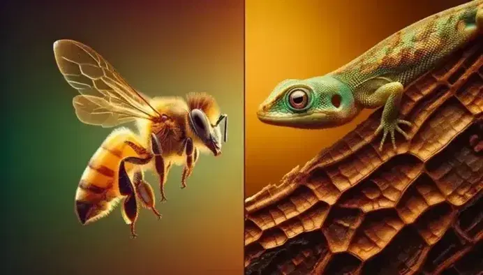 Flying bee with golden fur and iridescent wings on the left, green anole lizard on brown branch on the right, blurred natural backgrounds.