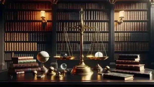 Bilancia in ottone bilanciata con sfere di cristallo e marmo su tavolo in legno, circondata da libri antichi e mappamondo in biblioteca storica.