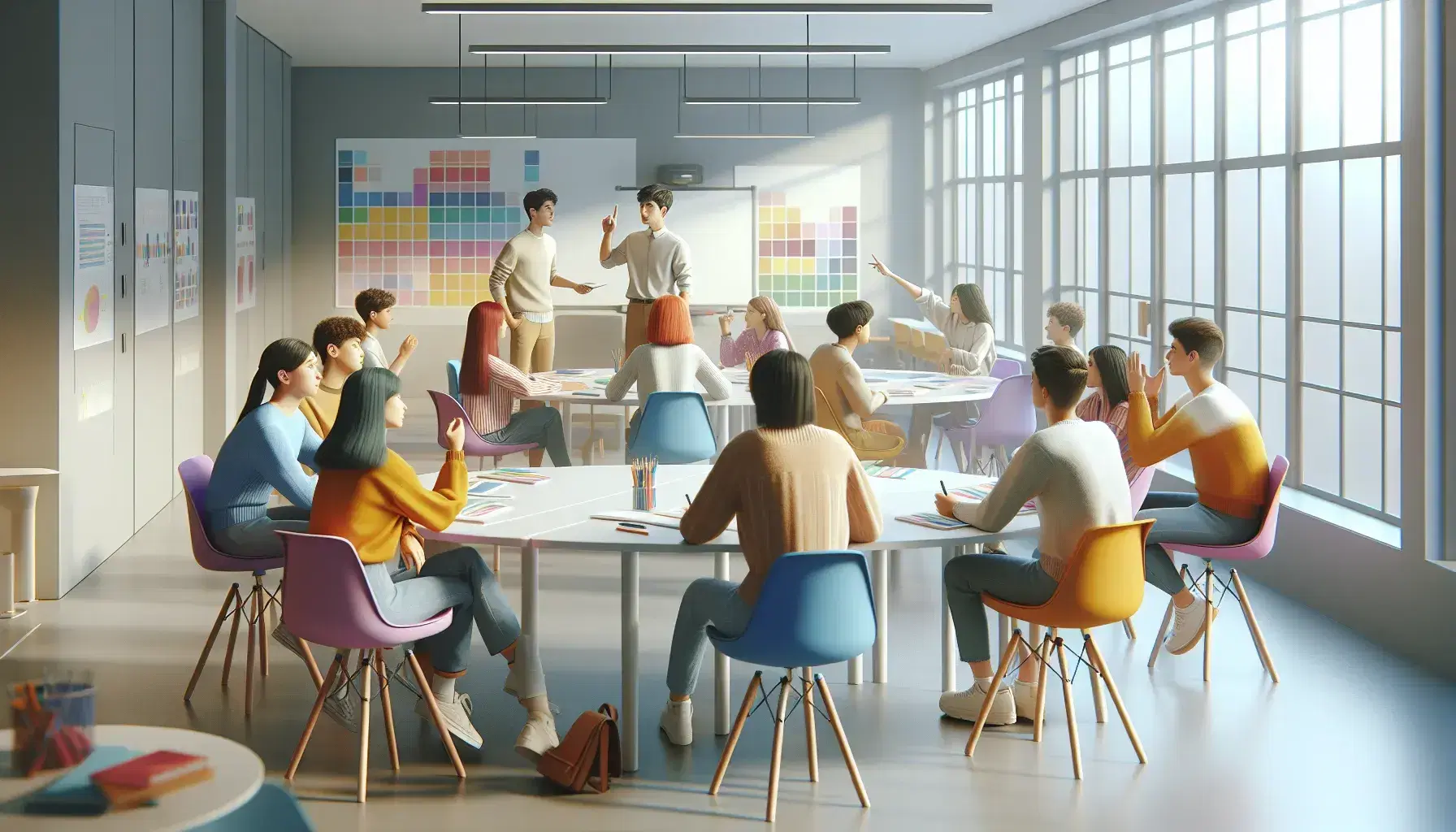 Diverse students engage in group discussions at round tables in a modern, well-lit classroom, with an attentive teacher ready to write on a whiteboard.