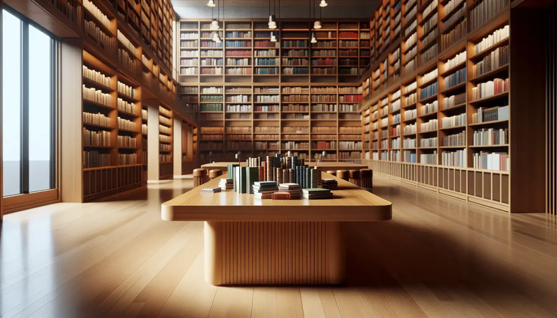Biblioteca espaciosa con mesa de madera y libros apilados, estanterías llenas y ventana grande que aporta luz natural.