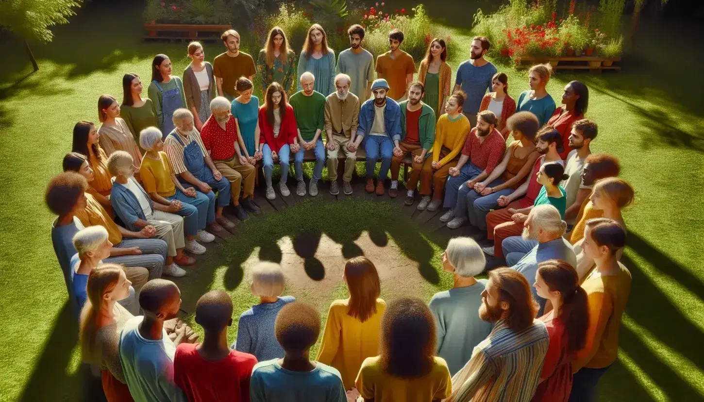 Grupo diverso de personas en círculo sosteniéndose de las manos en un parque soleado, transmitiendo apoyo y empatía, con dos personas sentadas al fondo.