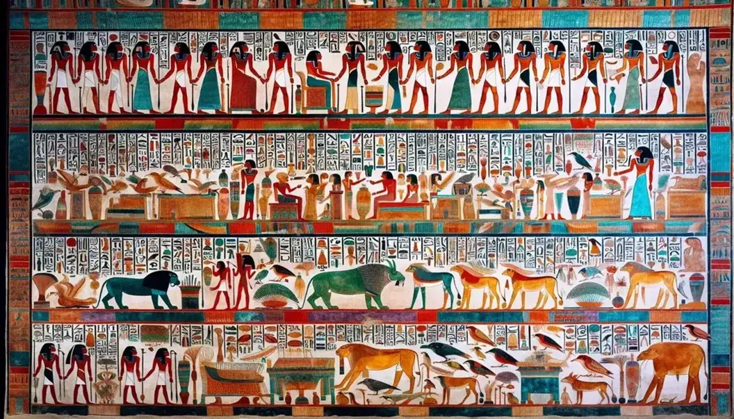Ancient Egyptian wall painting with men, women in traditional clothing, lion, hippopotamus, birds and flora, red and blue geometric frame.