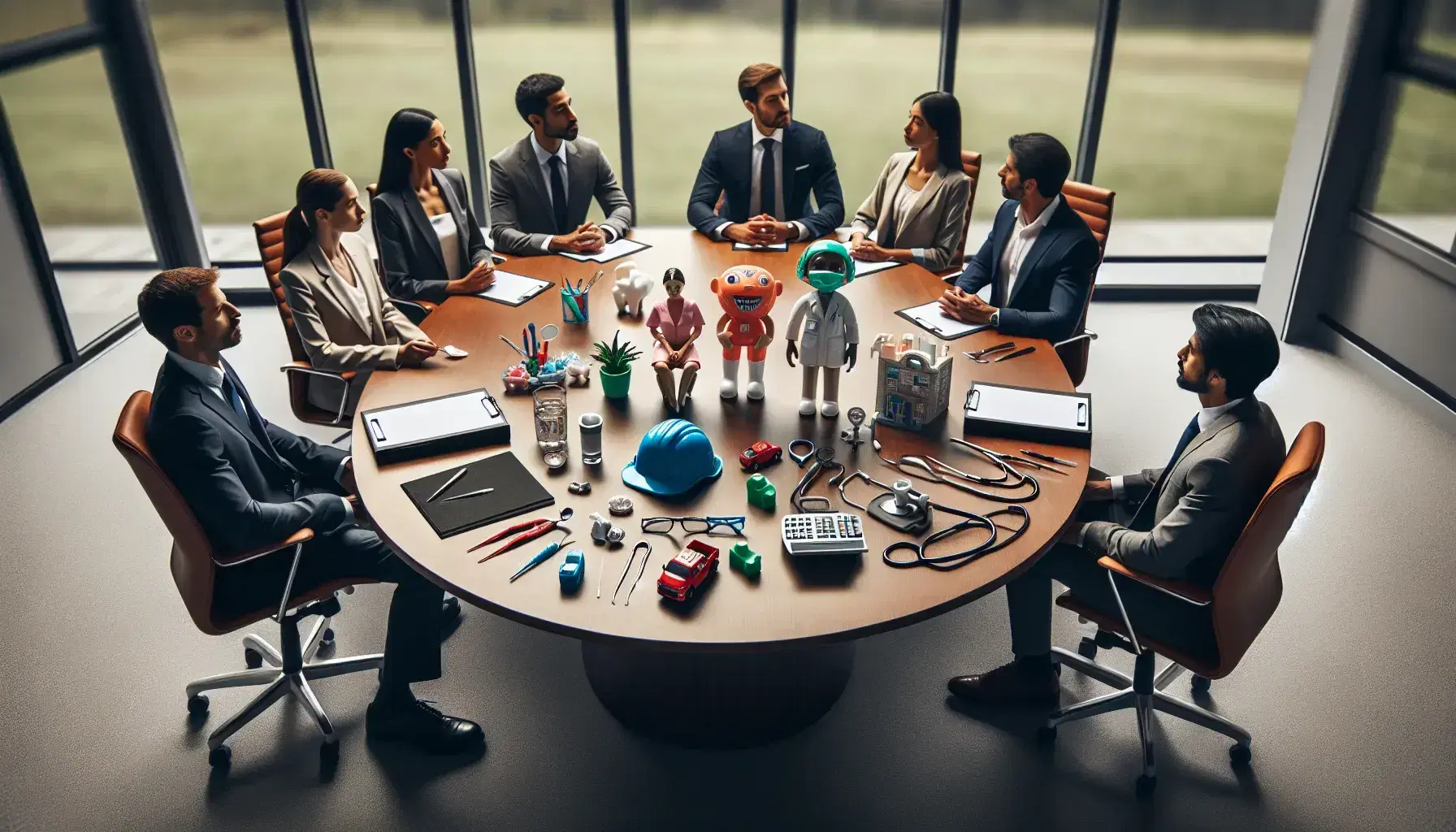 Diverse business professionals in a meeting discussing employee benefits, with items like a dental chair model and stethoscope on the table.