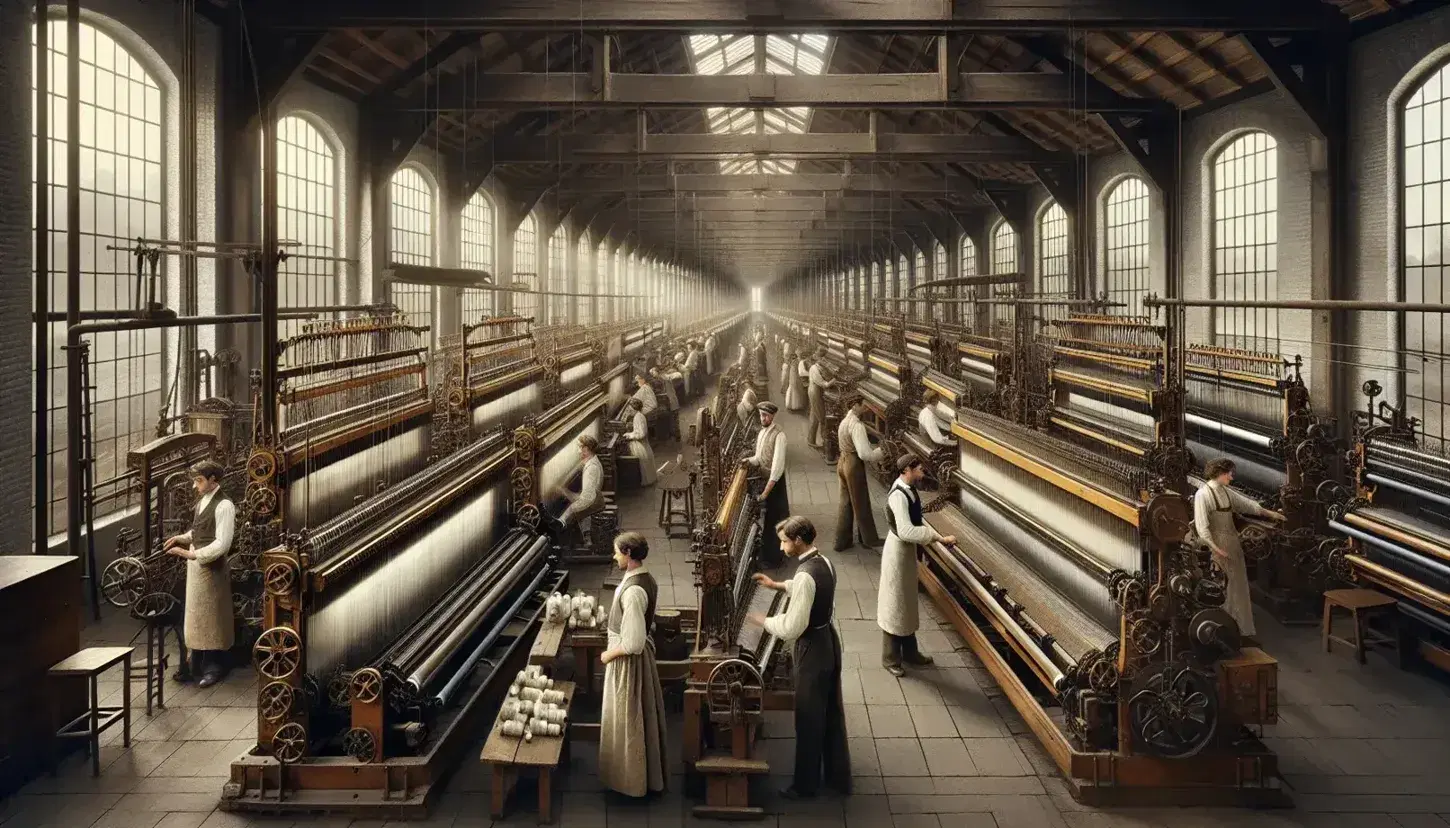 Escena de trabajadores operando telares en una fábrica textil de la Revolución Industrial, con máquinas de madera y metal alineadas y luz natural entrando por grandes ventanas.