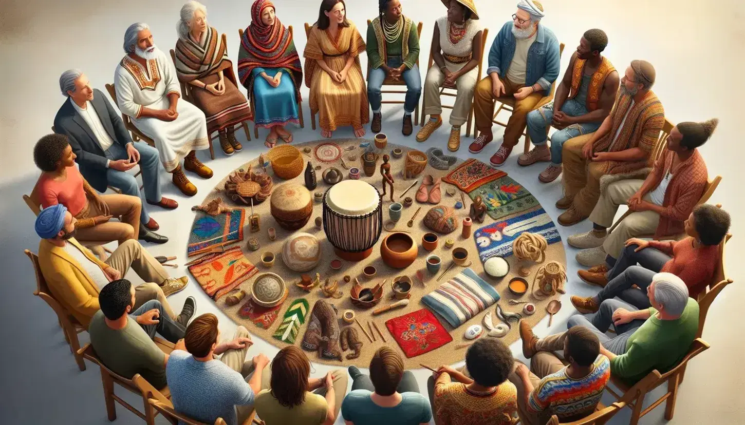 Multi-ethnic group in a circle discussing wearing traditional and Western clothing, surrounded by various cultural artefacts.