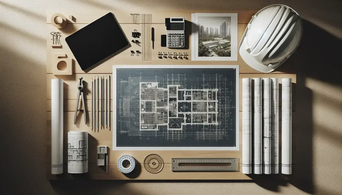 Vista superior de una mesa de trabajo de madera clara con planos arquitectónicos, casco de seguridad, regla de ingeniería, fotos aéreas de construcción, tableta digital, tubos de planos y herramientas de medición precisas bajo una iluminación natural.