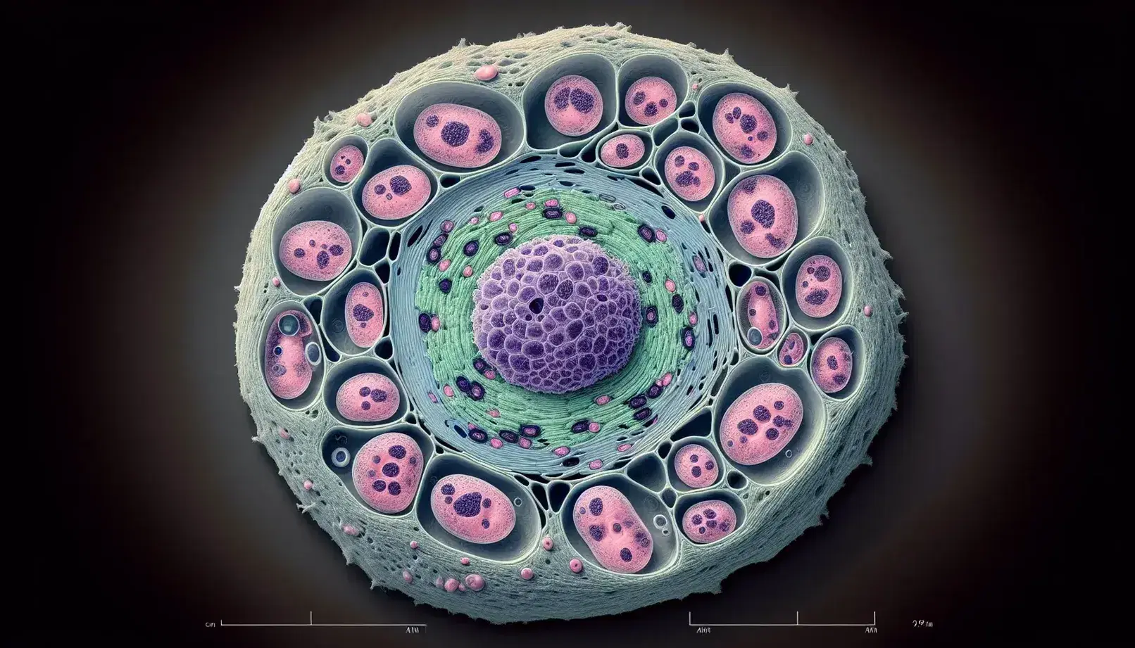 Cellula vegetale eucariotica al microscopio ottico con nucleo viola, citoplasma rosa, mitocondri, parete cellulare verde e vacuoli trasparenti.