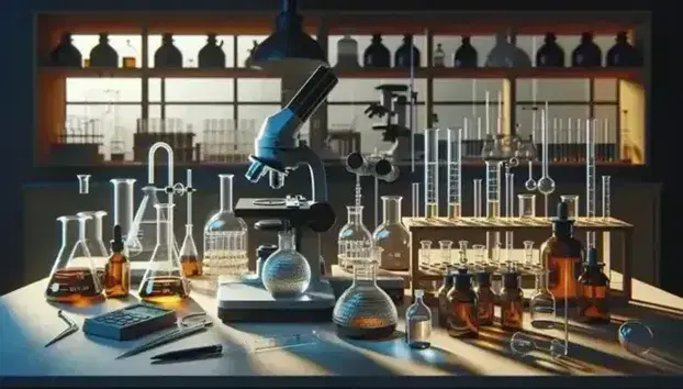 Laboratorio di chimica organica con tavolo di lavoro, microscopio, vetreria, bruciatore Bunsen e bilancia analitica.