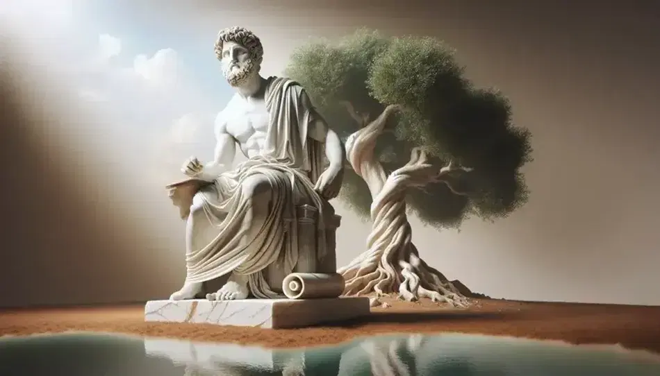 Statua marmorea di Plotino seduto con papiro, sotto albero rigoglioso, vicino a specchio d'acqua e resti di tempio antico.
