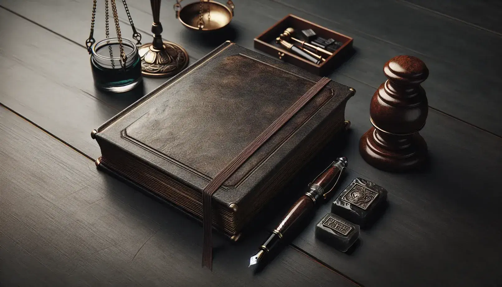 Mesa de madera oscura con libro cerrado de tapa dura marrón, pluma fuente negra, tintero de vidrio con tinta, sellos de cera y balanza de justicia dorada.