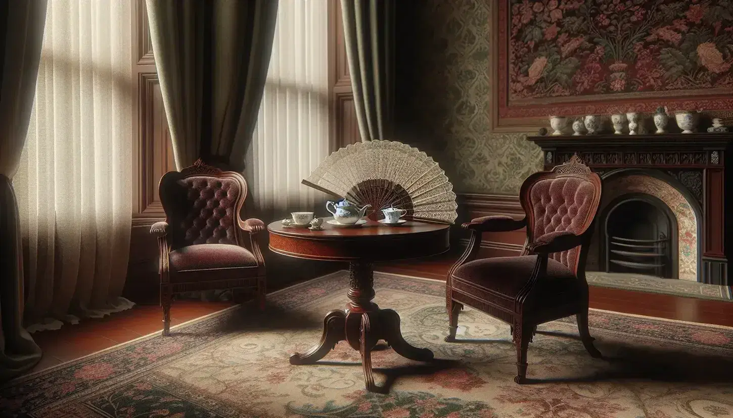 Victorian drawing room with mahogany table, porcelain teacup, lace fan, red velvet armchairs, ornate rug, and gold-framed landscape painting.