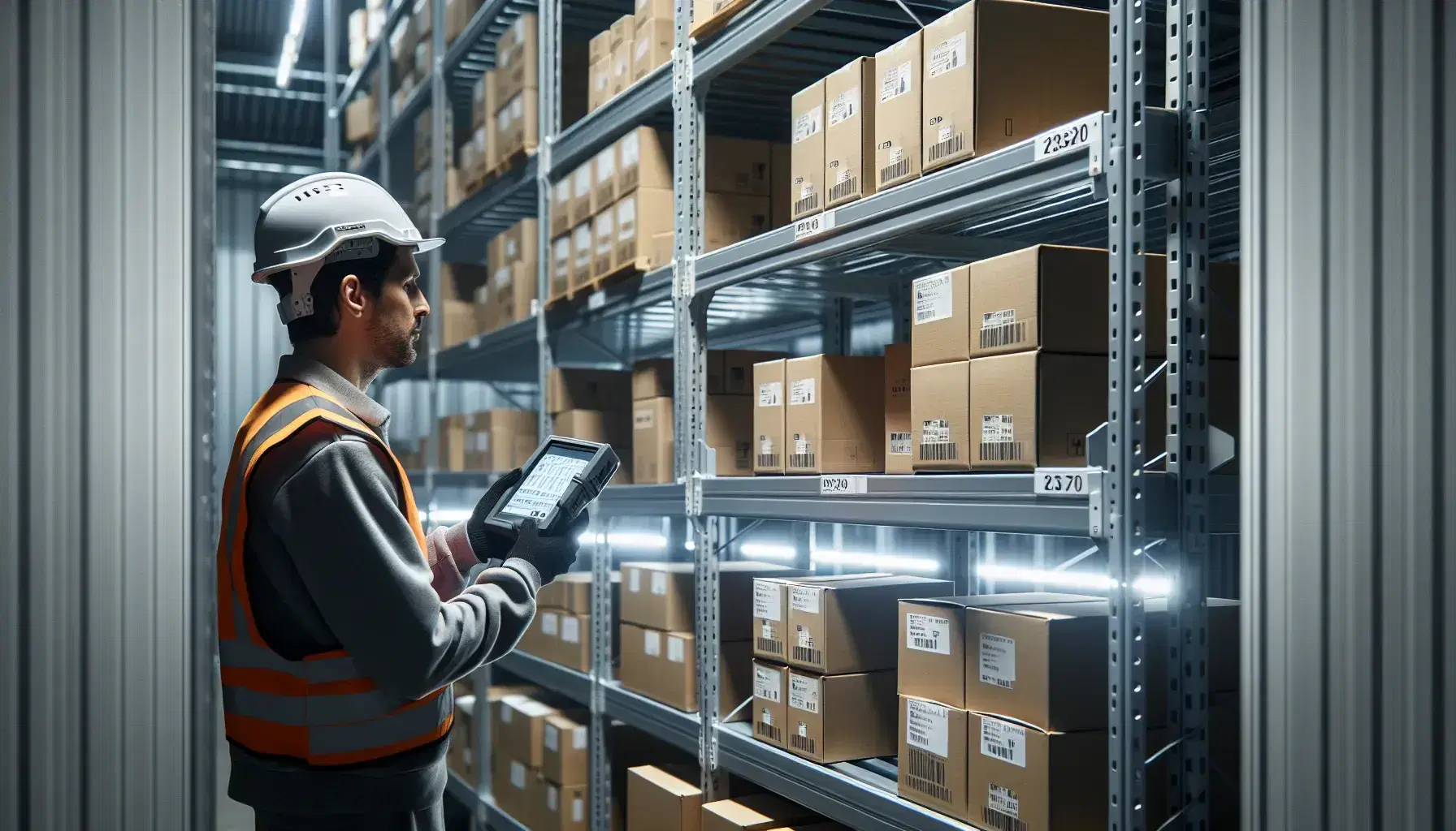 Estante metálico con cajas de cartón en almacén iluminado, trabajador con chaleco reflectante y casco usando dispositivo electrónico.