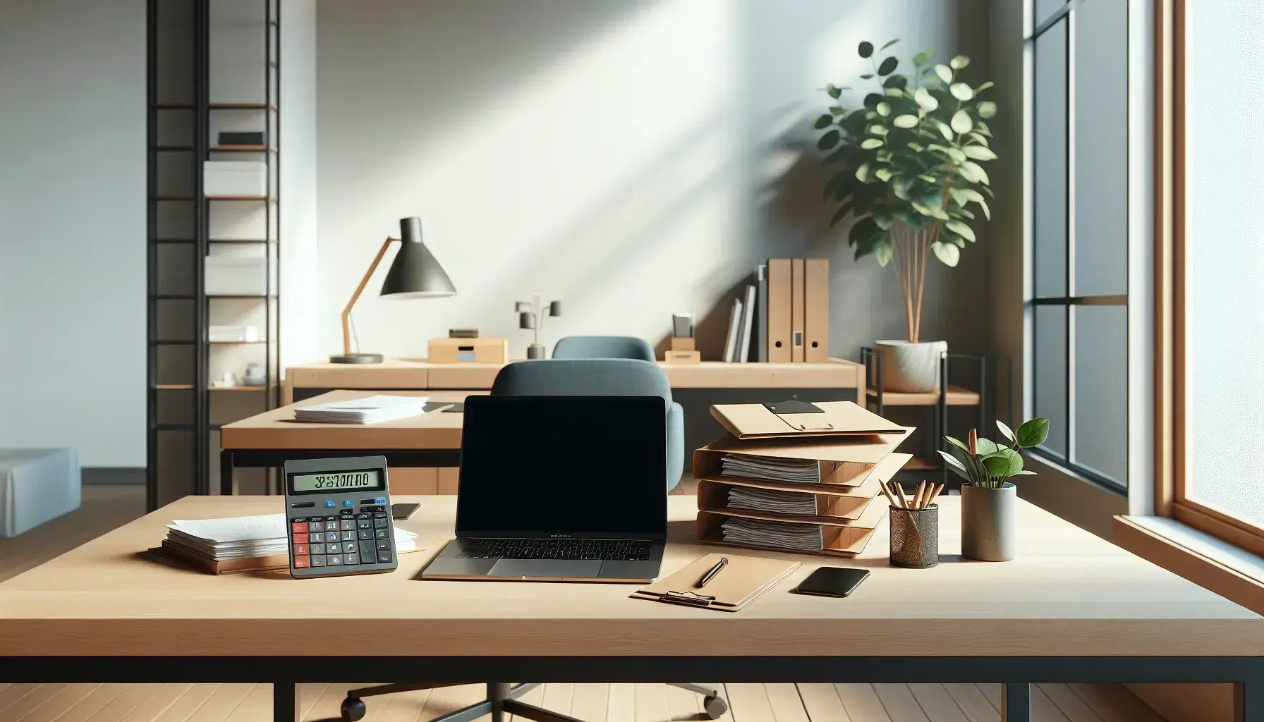 Oficina moderna con mesa de madera clara, calculadora, papeles, carpetas azul y roja, laptop con pantalla en blanco, smartphone y planta en maceta blanca.