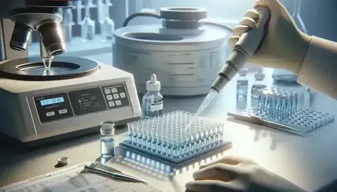 Close-up of a laboratory bench with gloved hand using a pipette to transfer liquid into a microplate, centrifuge and microscope in the background.