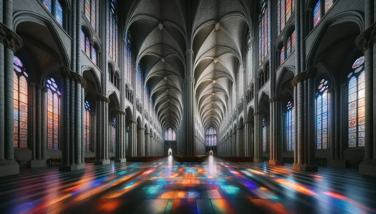 Interno di cattedrale gotica con colonne slanciate, volte a crociera e vetrate colorate che proiettano luci sul pavimento.