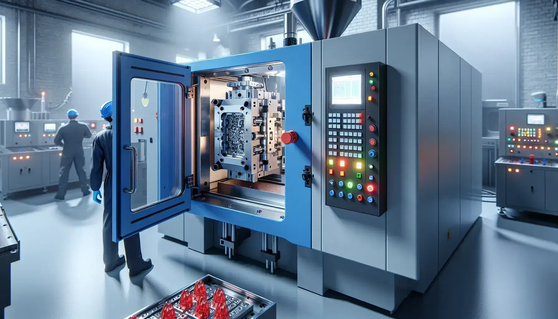 Máquina de moldeo por inyección de plástico en funcionamiento con puerta azul abierta, molde de acero y piezas rojas apiladas, operario supervisando.