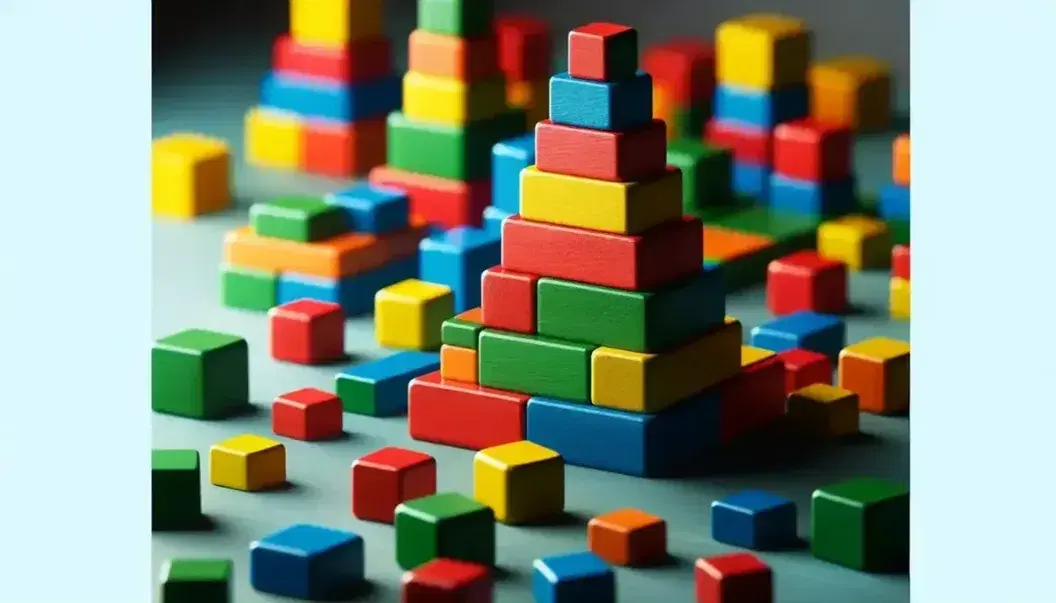 Colorful wooden blocks arranged on a gray surface, featuring a central tower with alternating colored cubes and prisms, surrounded by scattered blocks.