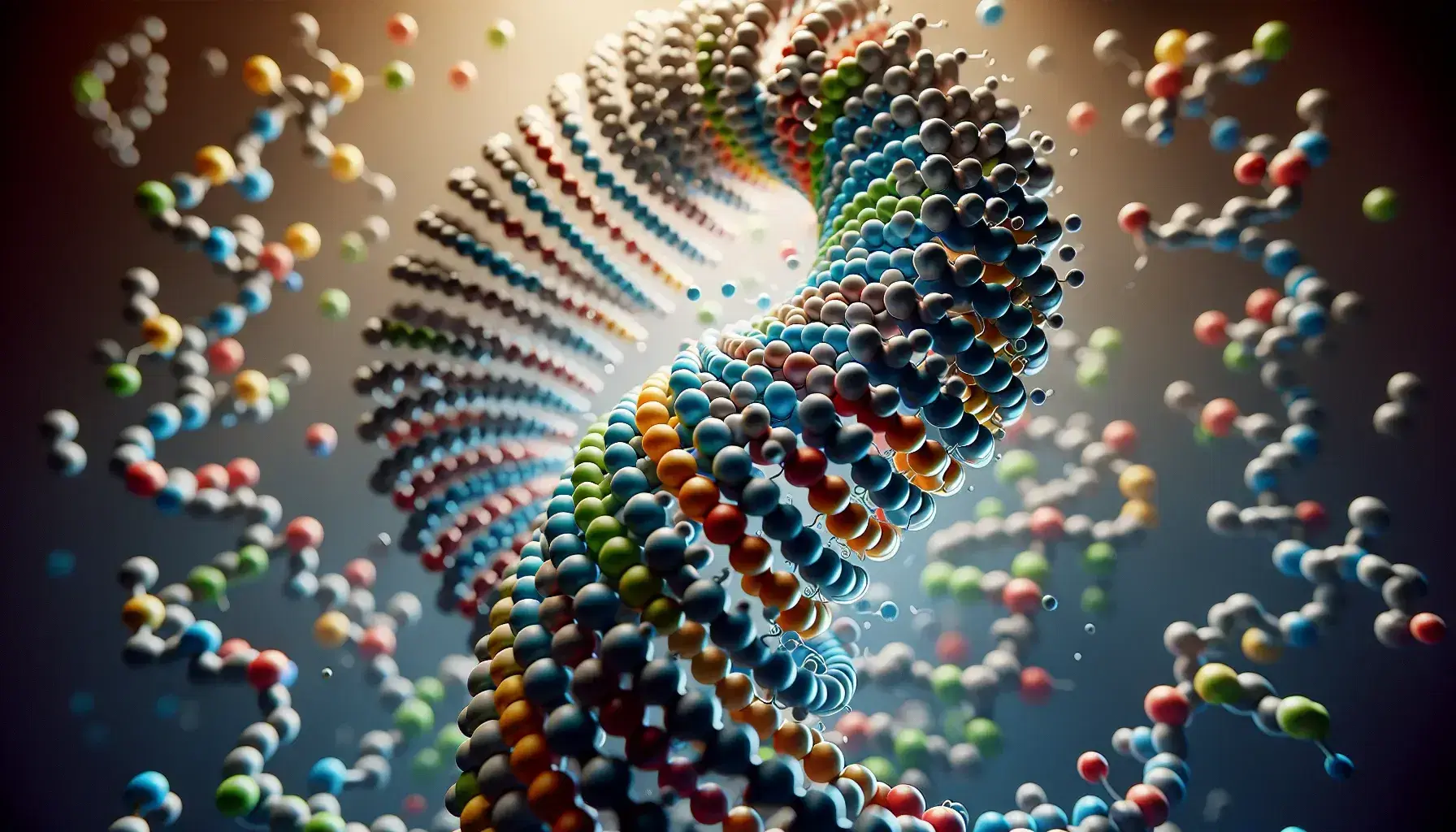 Estructura de una hélice alfa de proteína con esferas de colores representando aminoácidos enlazados, sobre fondo desenfocado.