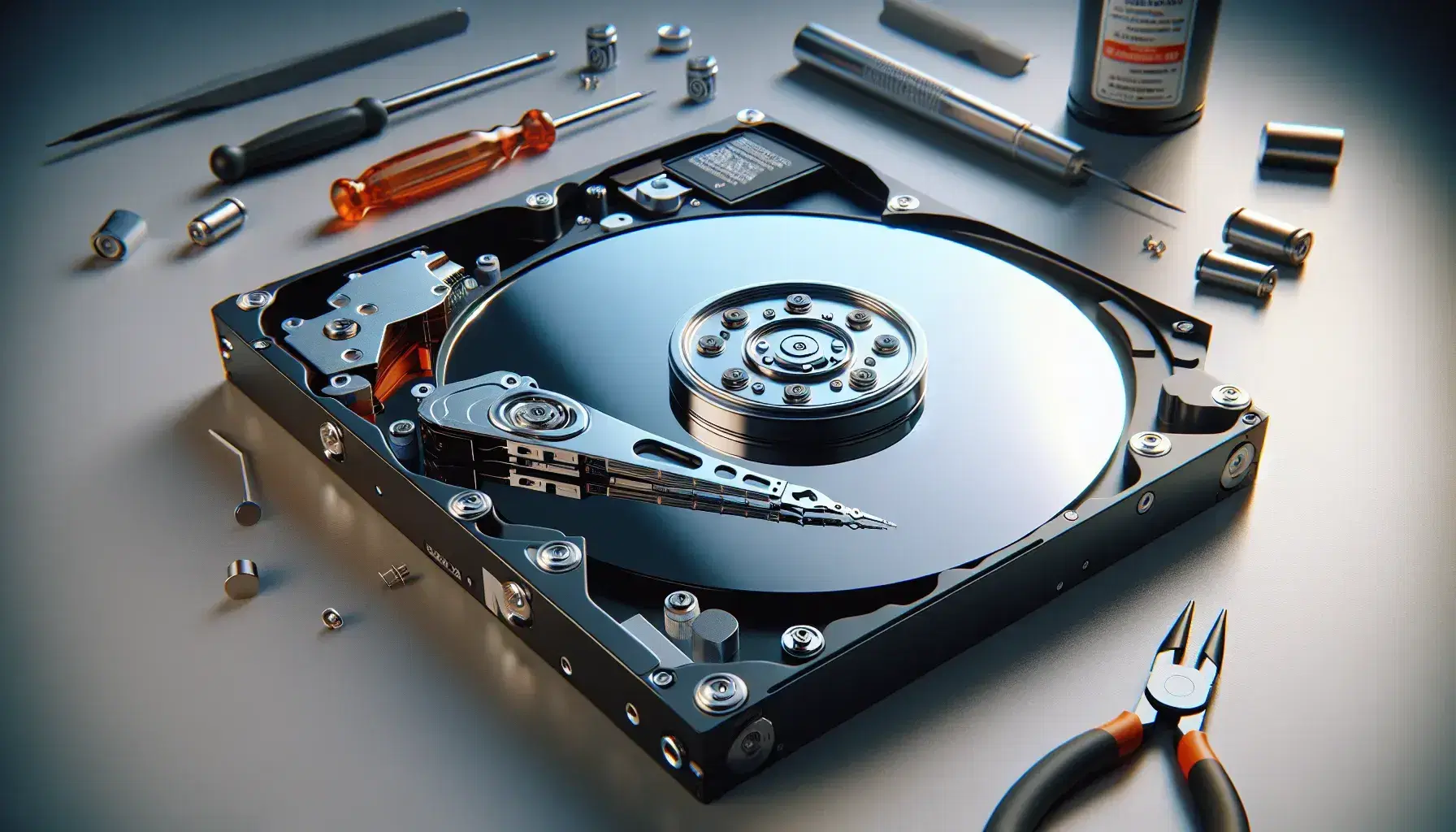 Close-up view of an open hard disk with reflective magnetic platters, black actuator arm and blurred maintenance tools in the background.