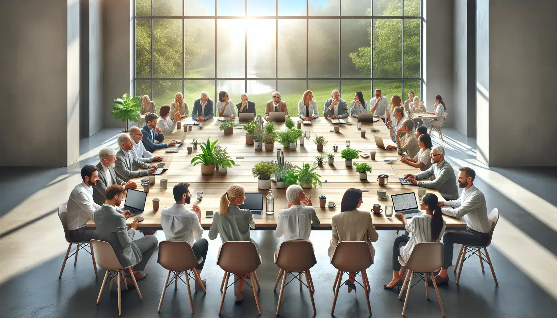 Grupo diverso de profesionales en reunión de trabajo en una oficina luminosa con ventanas grandes, laptops y plantas sobre la mesa.