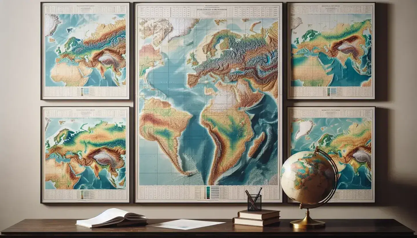 Mappa geografica fisica appesa in griglia su parete chiara, con colori altimetrici e globo terrestre su tavolo in legno accanto a lente d'ingrandimento.