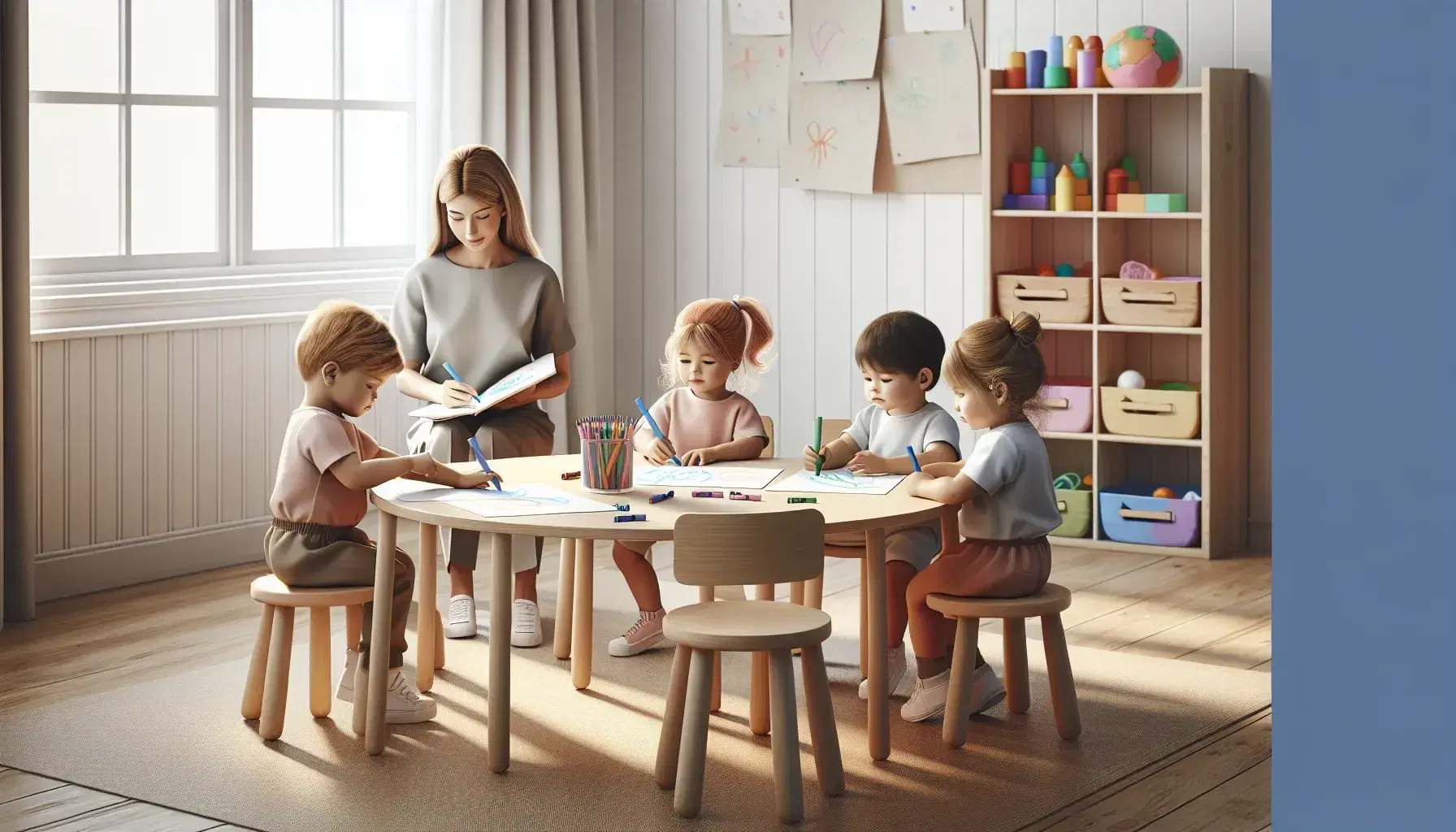 Niños en edad preescolar dibujando con crayones de colores en una mesa redonda bajo la supervisión de una maestra en un aula iluminada.