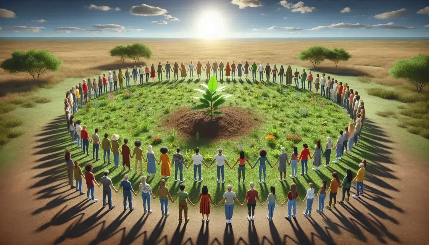 Grupo diverso de personas unidas de la mano en círculo alrededor de una planta joven en un parque soleado, simbolizando unidad y crecimiento.
