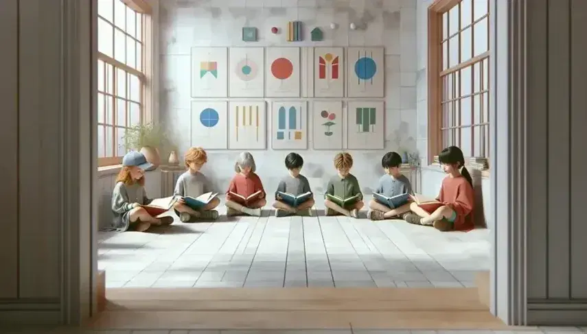 Niños sentados en semicírculo leyendo libros coloridos en una habitación iluminada con luz natural, decorada con formas geométricas y una planta interior.