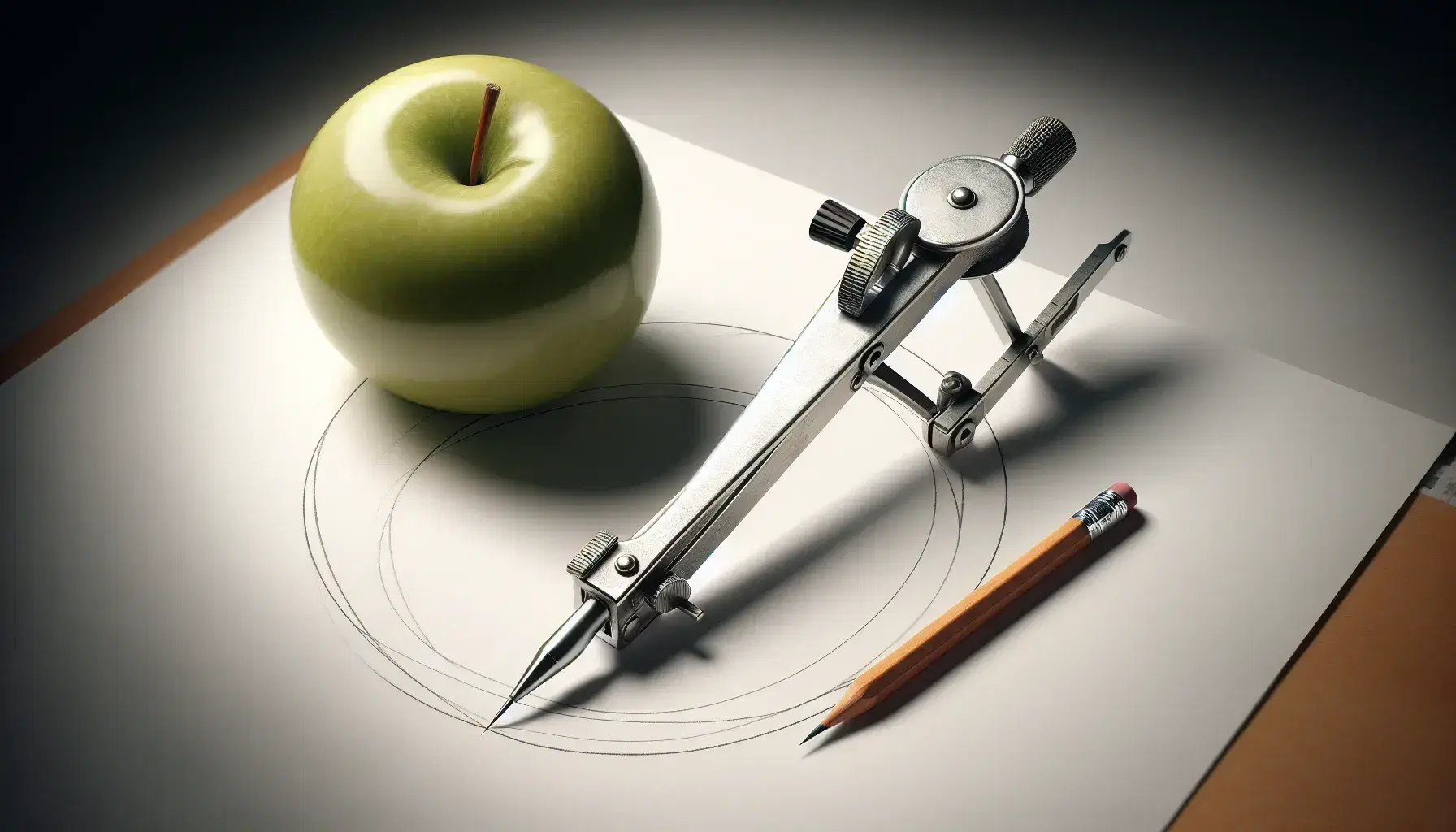 Silver drawing compass on white paper with a drawn circle, centered point, beside a sliced green apple, with a blurred basketball and toy wheel in the background.
