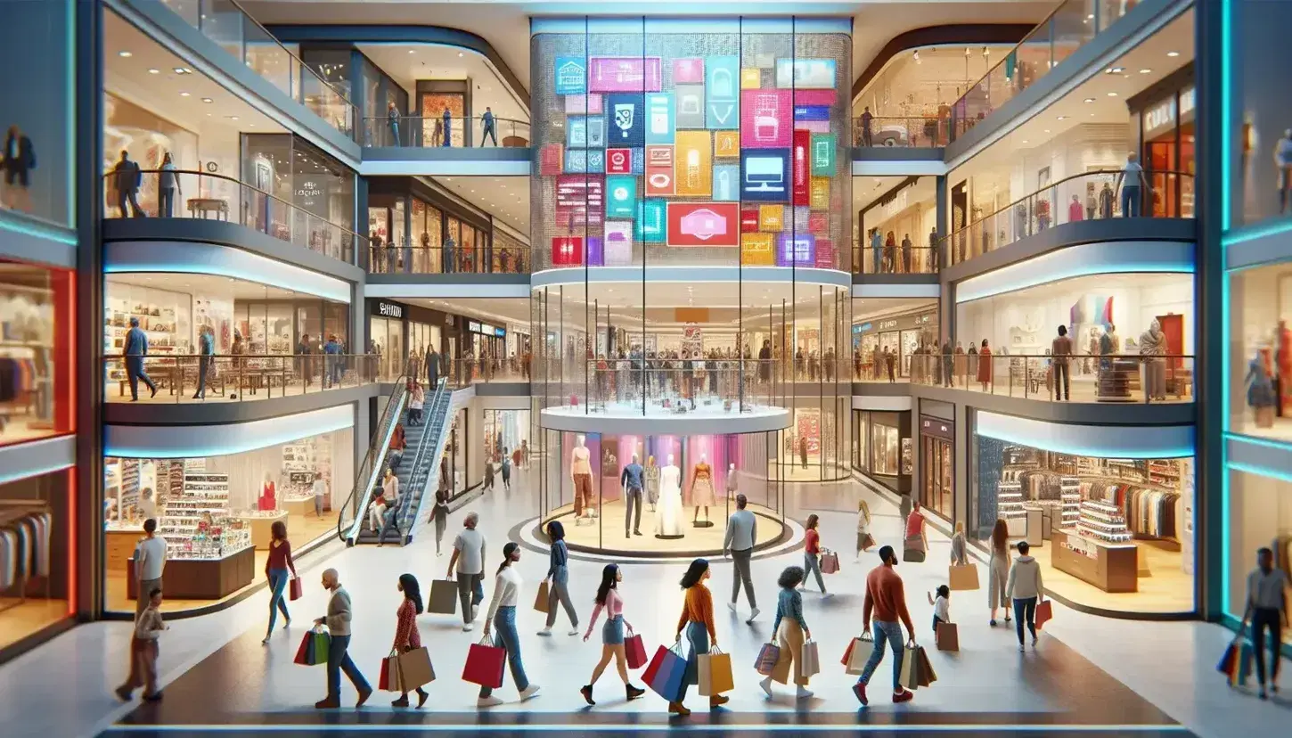 Diverse shoppers with bags stroll in a lively mall, passing stores with clothing, electronics, cosmetics, under soft-lit hanging orbs and a complex mall directory.
