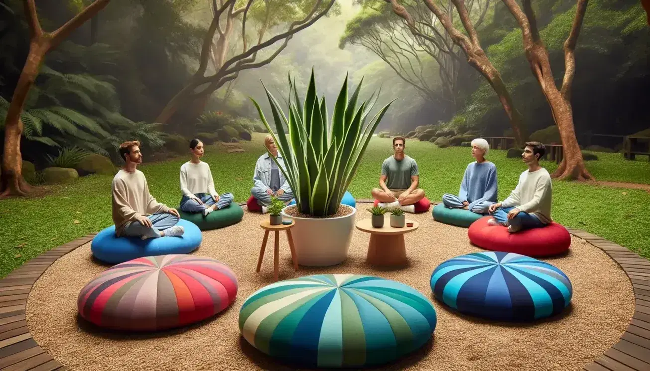 Grupo de cinco personas meditando en círculo sobre cojines coloridos en un parque, con una planta en el centro y rodeados de árboles y luz solar.