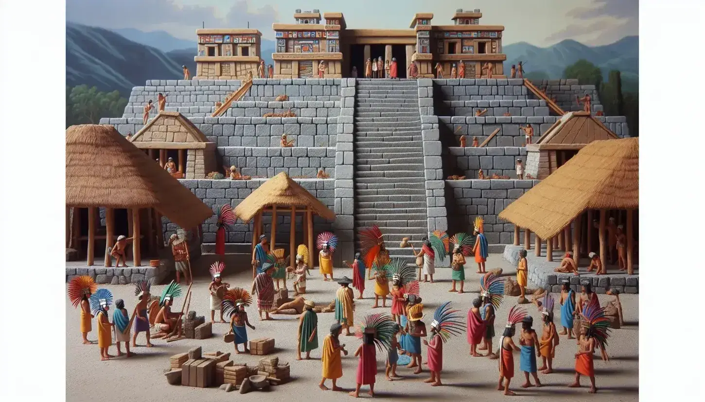 Recreación colorida de una escena de la vida azteca con personas en atuendos tradicionales y una pirámide escalonada en una ciudad precolombina bajo un cielo azul.