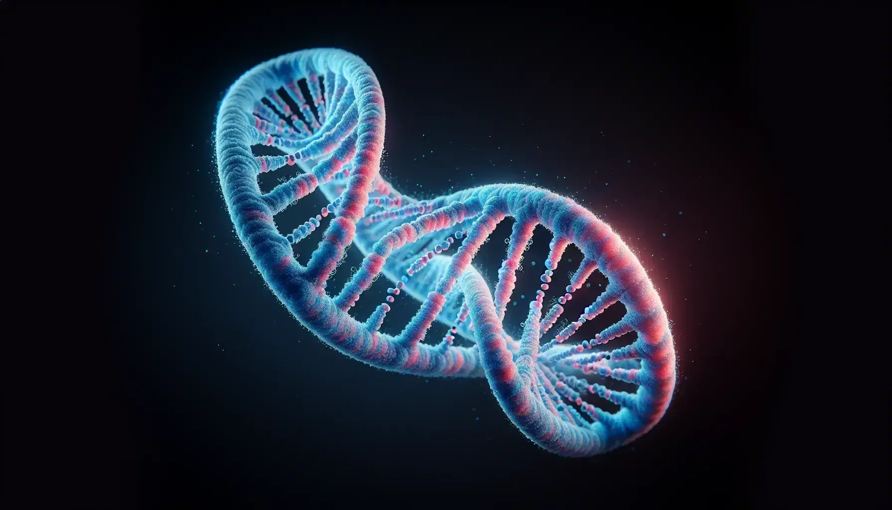 Vista microscópica de una doble hélice de ADN en tonos azules y rosas, con pares de bases alternados y fondo negro que resalta su estructura tridimensional.