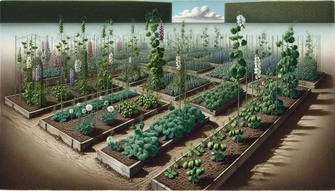 Giardino sperimentale con varietà di piselli in fiore, piantati in file ordinate su terreno fertile, con baccelli verdi e fiori bianchi e viola.