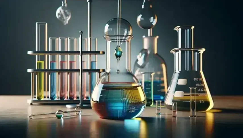 Glass flask on laboratory bench with layered liquids in blue, yellow and red, dropper with green liquid on top, beaker and glassware in background.