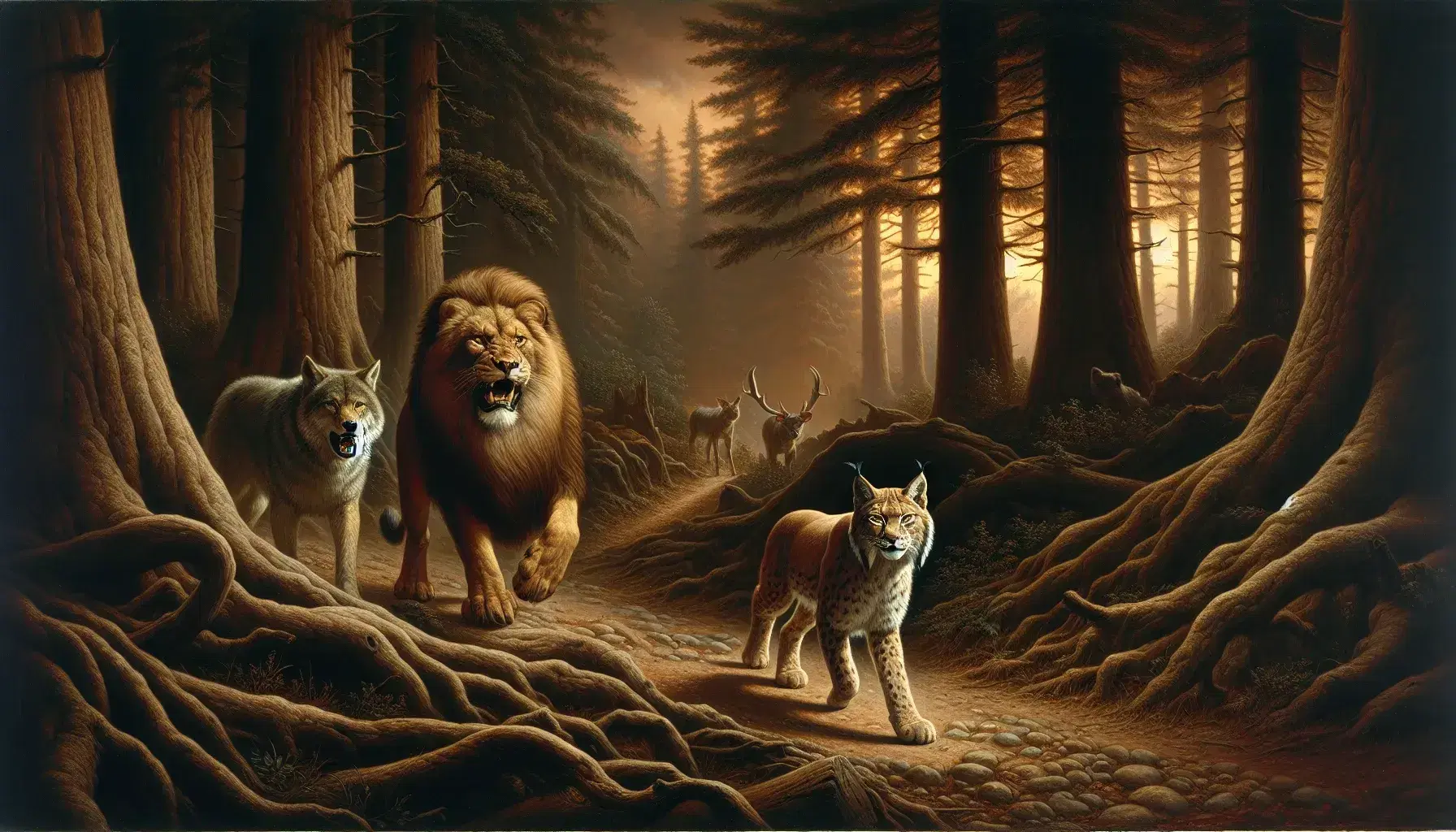 Bosco al crepuscolo con leone che ruggisce, lupo grigio e lince maculata su sentiero, uomo in abiti medievali e donna elegante in lontananza.