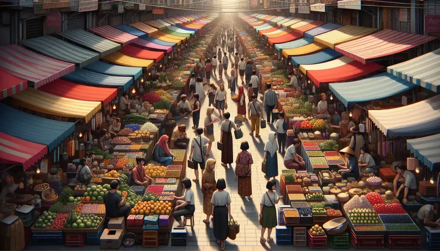 Mercado al aire libre concurrido con puestos coloridos vendiendo frutas, verduras y artesanías, y personas interactuando y comprando en un día soleado.