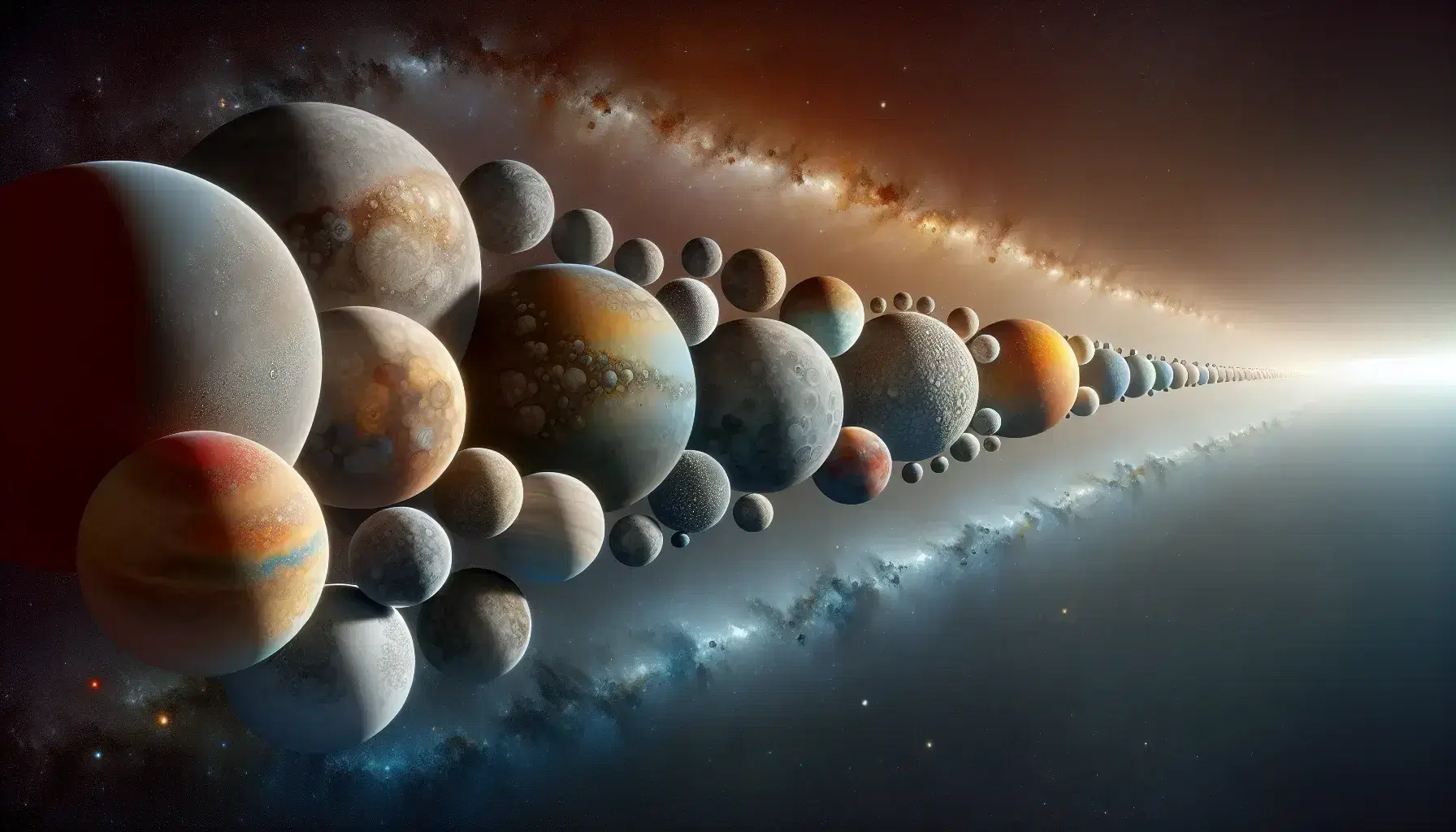 Representación artística del sistema solar con ocho planetas en colores variados alineados sobre fondo estrellado, iluminados desde la izquierda.