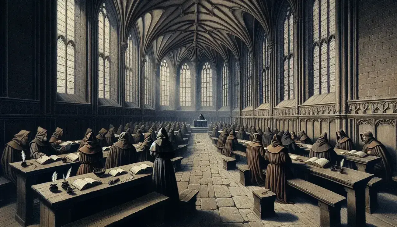 Salón medieval con arcos apuntados, mesas de madera y monjes en hábitos estudiando con libros, pergaminos y plumas bajo la luz natural de ventanas ojivales.