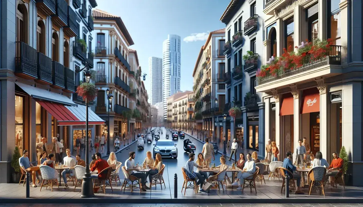 Lively Spanish city street scene with diverse people at café tables, contrasting vibrant and humble building sides, under a clear blue sky with mixed architecture.