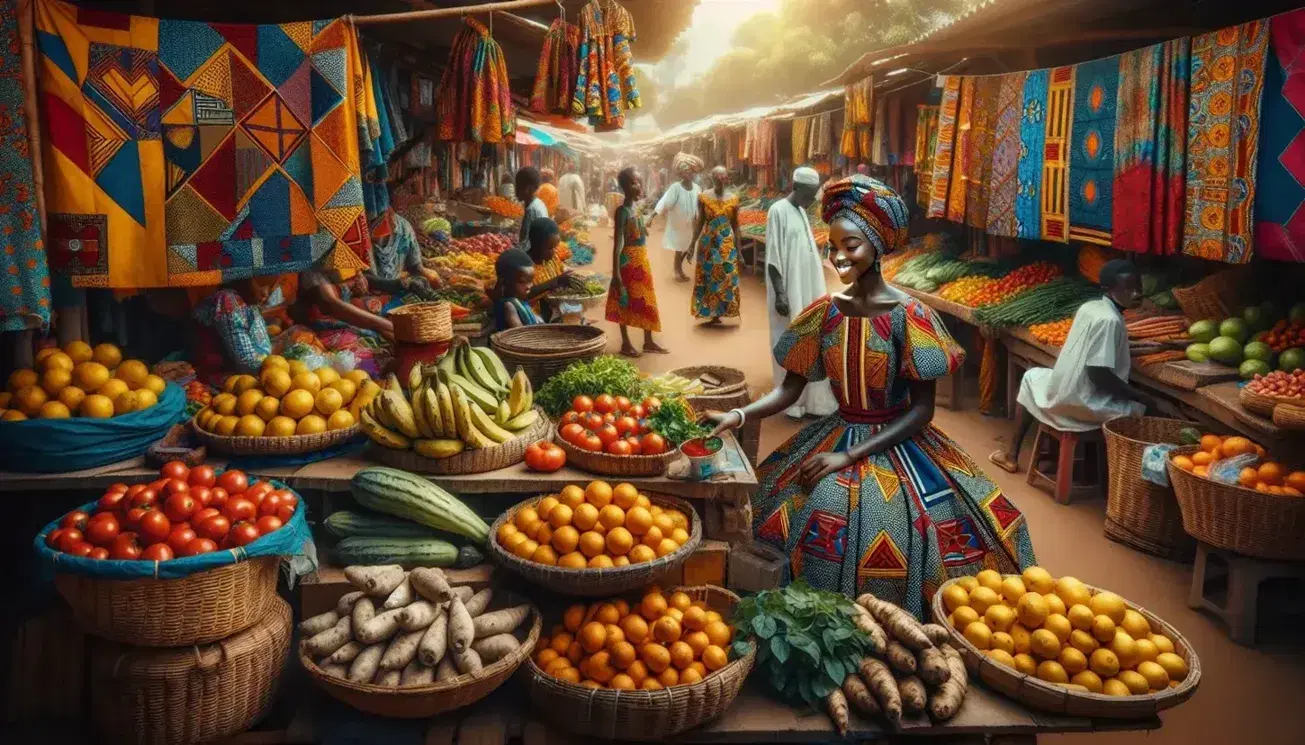Mercato all'aperto africano con donna in abito tradizionale che vende frutta e verdura, bambini che giocano e tessuti colorati in esposizione.