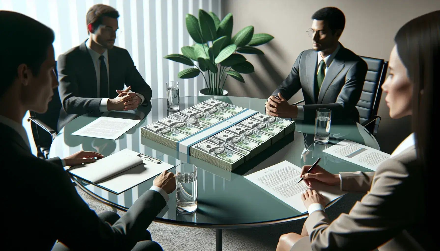 Three professionals in a meeting around a glass table with a stack of green and blue bills, glasses of water, a pen, and a notepad, with a potted plant in the background.