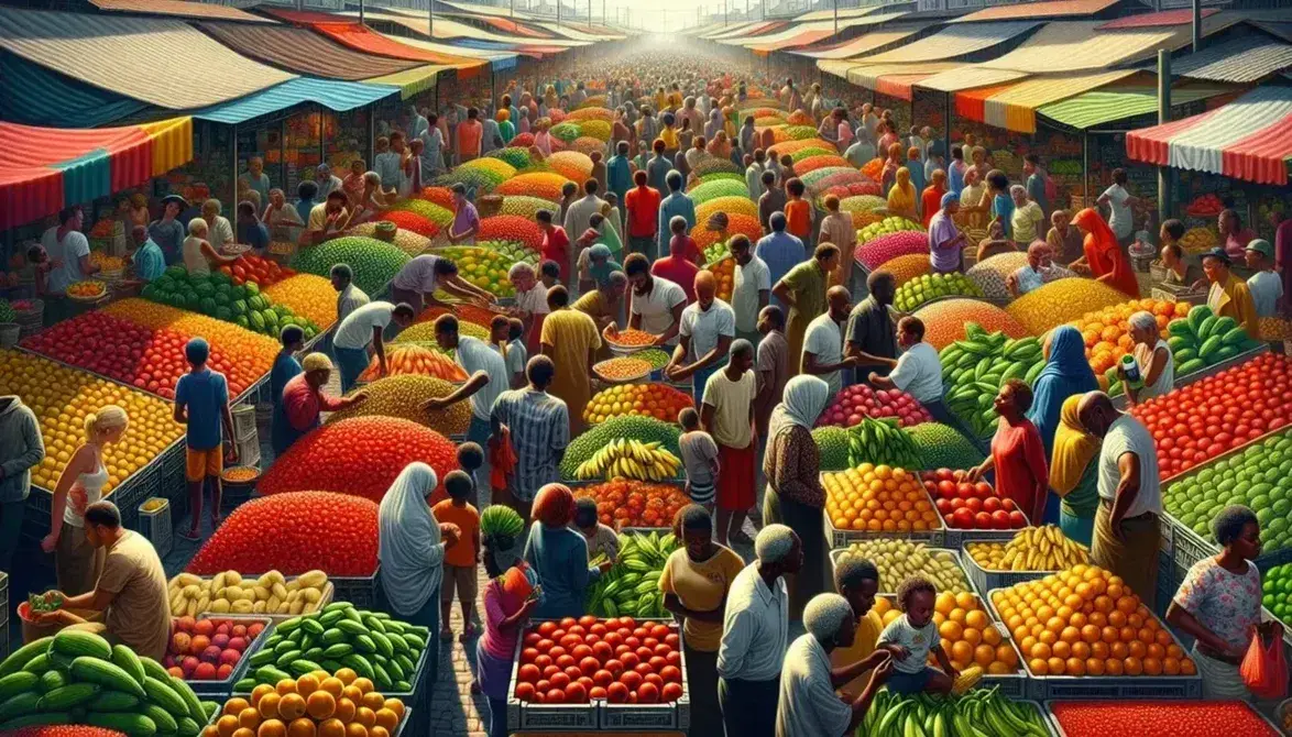 Crowded open-air market with fresh fruit and vegetable stalls, people of different ages and ethnicities shopping on a sunny day.