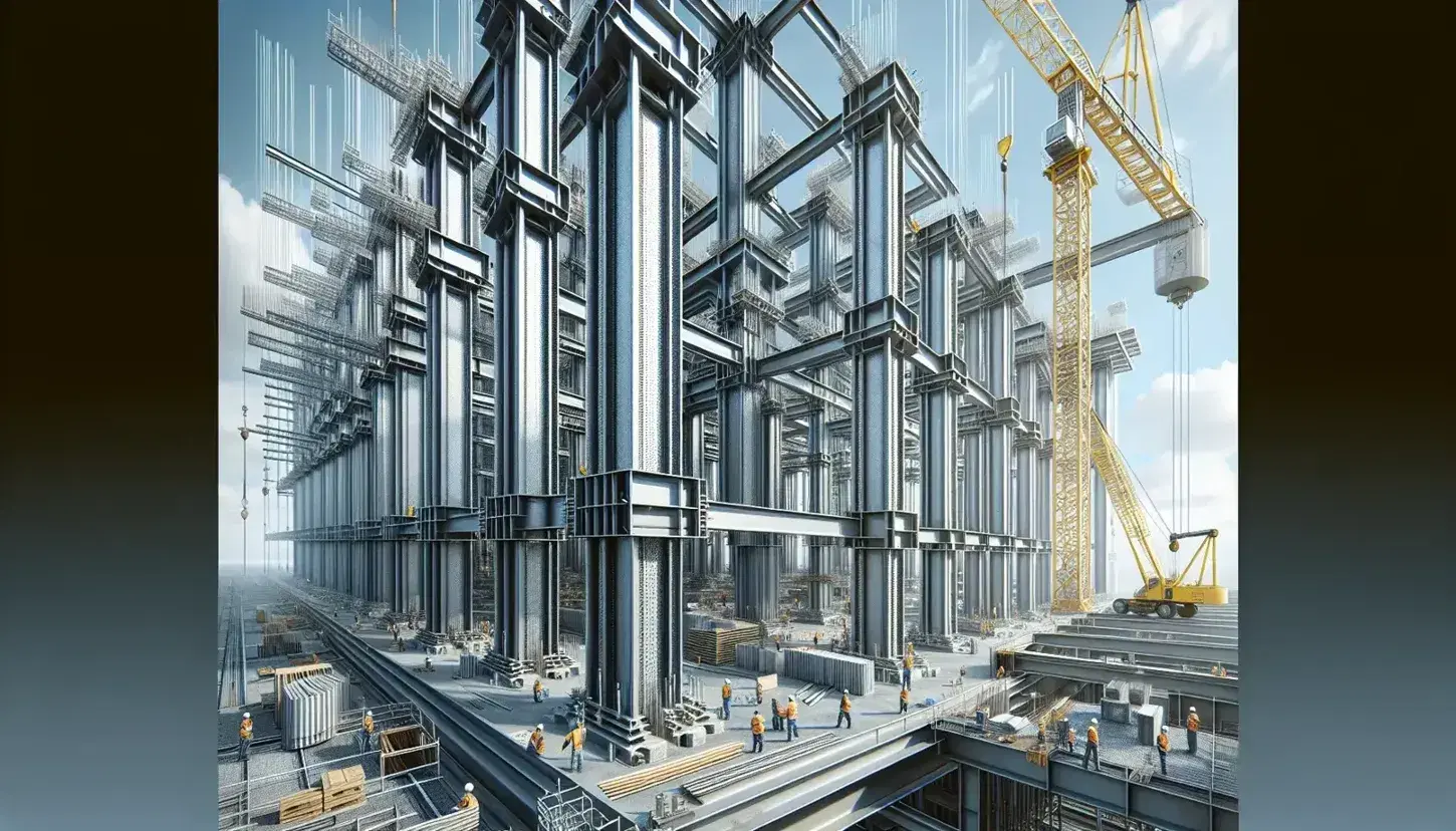 Estructura de acero en construcción con pilares verticales y vigas cruzadas, grúa amarilla al fondo y trabajadores con cascos y chalecos de seguridad.