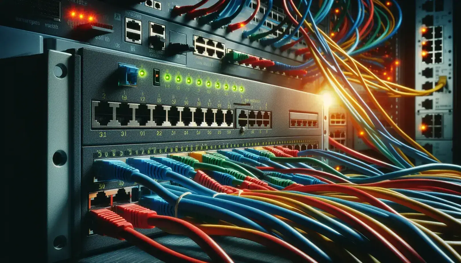 Cables de red de colores entrelazados conectados a un switch con luces LED verdes y naranjas, y un panel de conexiones desenfocado al fondo.