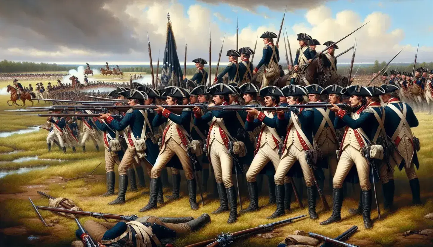 Soldati in uniforme dell'epoca della Rivoluzione Americana in formazione di battaglia su campo verde con cielo parzialmente nuvoloso.