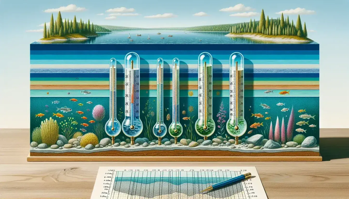 Termómetros de mercurio con niveles variados sobre superficie de madera, con lago y vegetación al fondo, y gráfico de temperaturas a un lado.