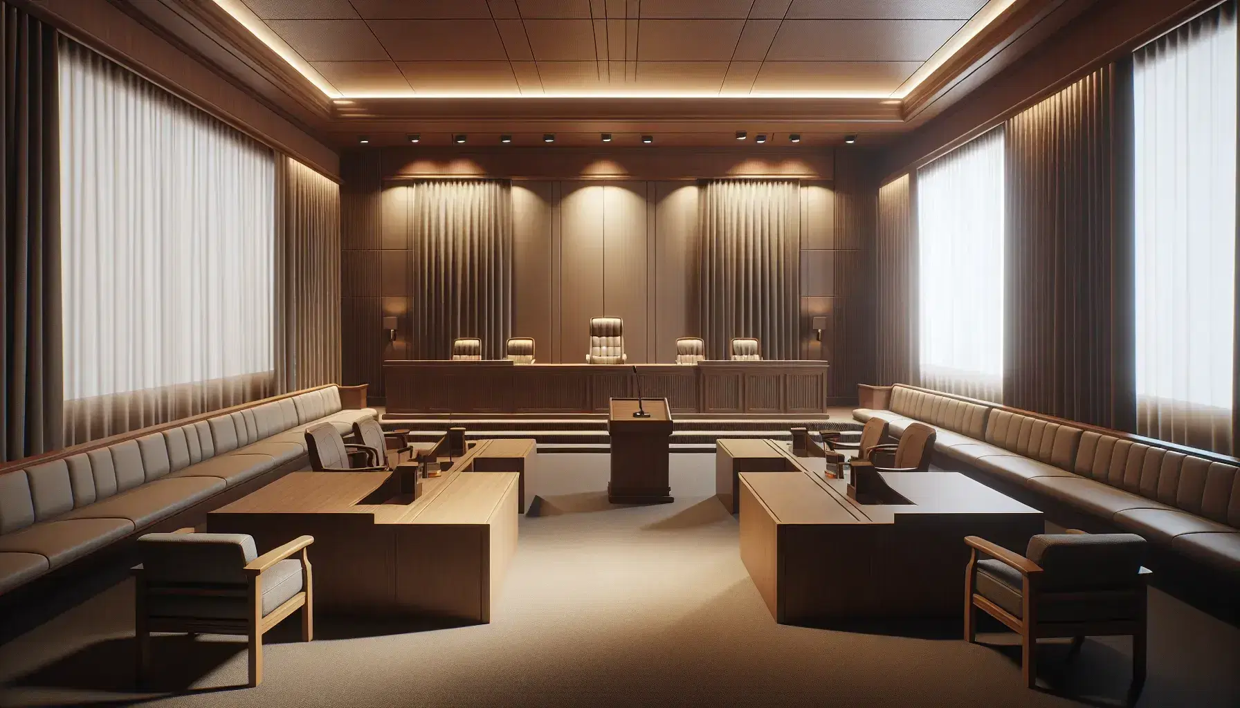 Sala de tribunal vacía con bancos de madera, podio elevado para juez y pupitre lateral, iluminada artificialmente y cortinas cerradas.