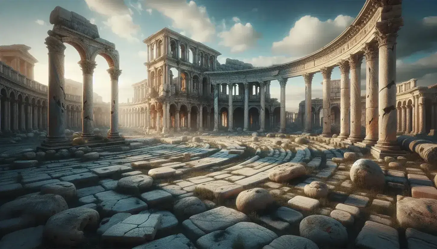 Rovine romane antiche con colonne erose e archi distrutti in un foro sotto un cielo azzurro, pavimento in pietra e vegetazione sparsa.