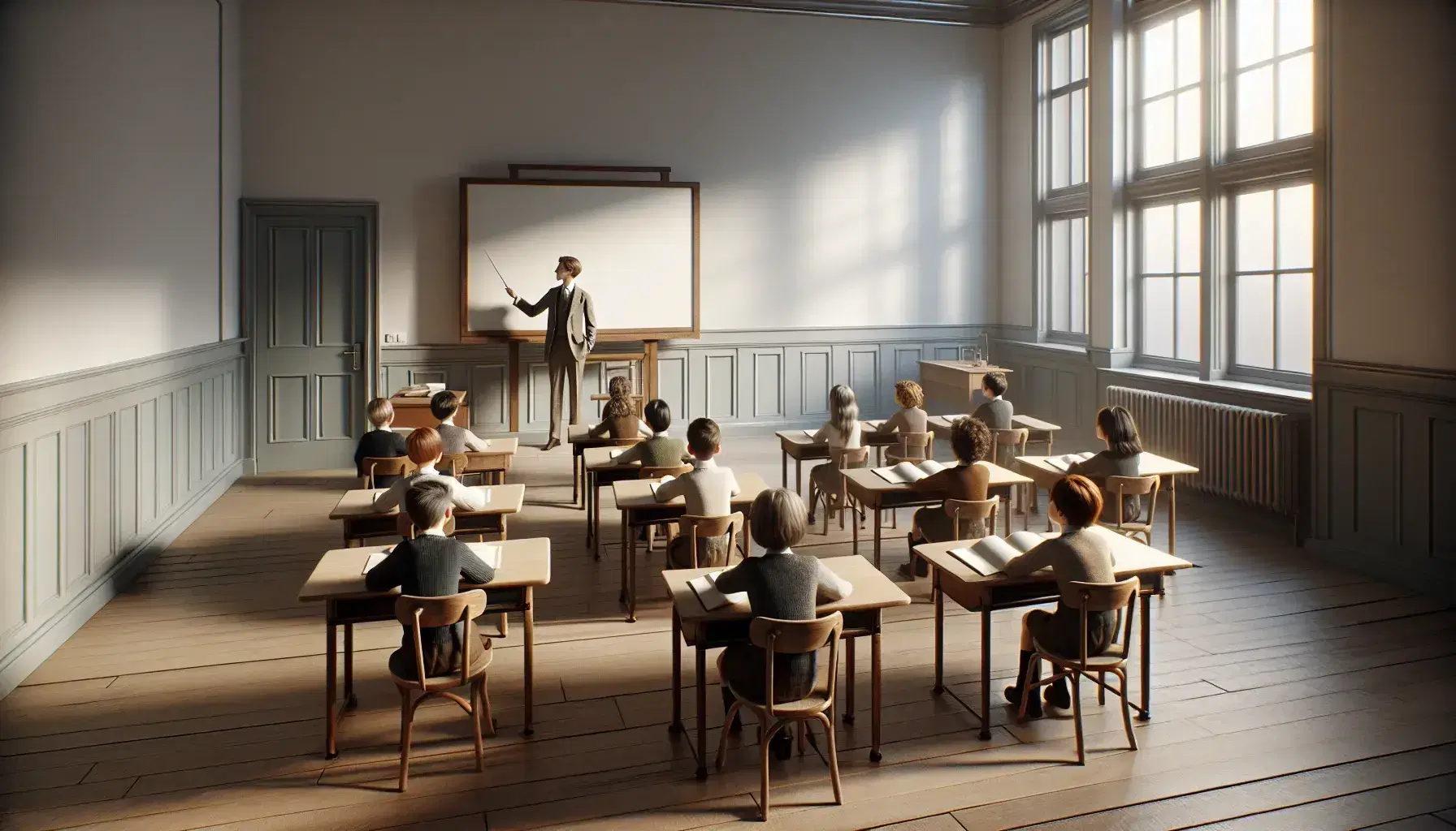 Diverse students seated in semi-circle in classroom, attentive to teacher pointing at blank whiteboard, natural light from windows, plain decor.